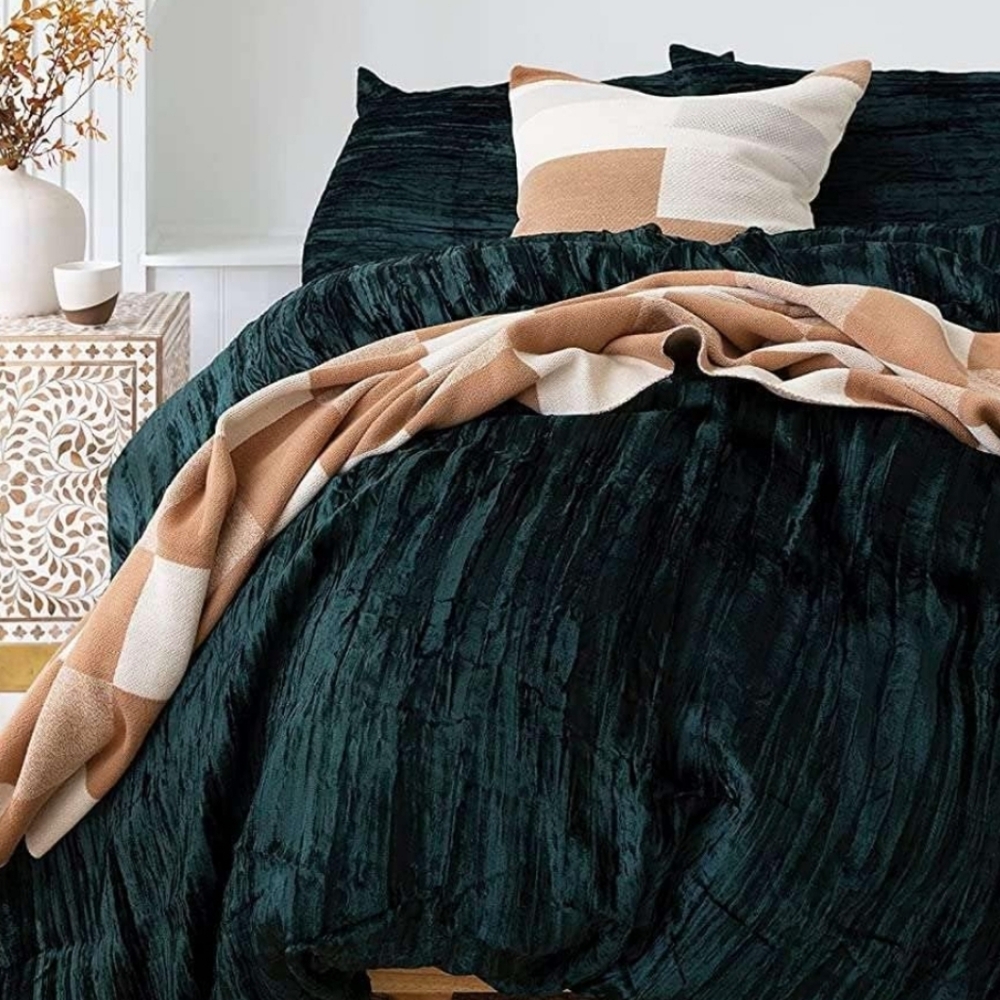 Crushed Velvet Duvet Cover 3-piece Set, Full Size (80"x90"), Emerald Green